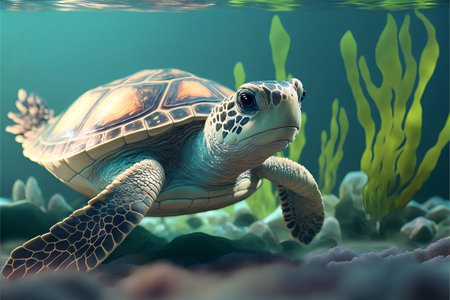 Sad realistic sea turtle swims on the underwater background.Ocean landscape.AI generated.の素材