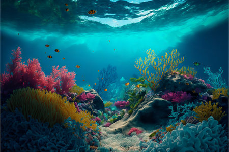 Colorful multi-colored underwater landscape with coral fish and stones. Small black and yellow fish on the sea background. AI generated.の素材