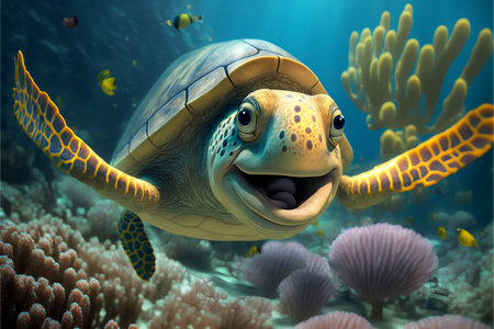Smiling funny yellow sea turtle swims in the underwater background.Cute cheerful turtle in the background of the ocean landscape.AI generated.の素材