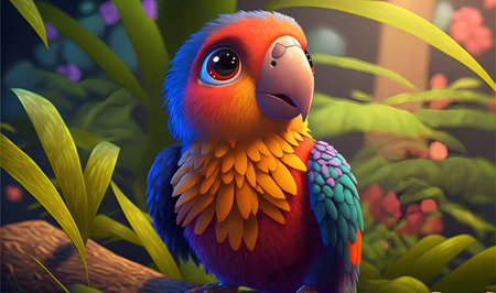 Colorful cartoon parrot with big eyes sitting on a branch against the backdrop of the jungle.AI generated.の素材