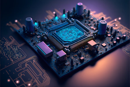 Abstract microcircuit with capacitors and copper tracks. AI generated.の素材