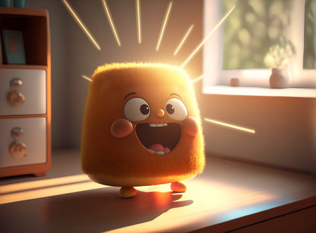 Funny orange cartoon character with a joyful expression with open mouth and beams of light. Idea insight concept. AI generated.の素材