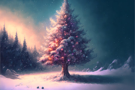 Christmas tree with Christmas balls garlands covered with snow. Christmas landscape with a large decorated Christmas tree in a watercolor style. AI generated.の素材