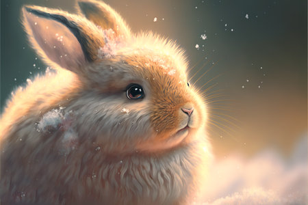 An adorable ginger rabbit with cute eyes and a pink nose in pastel colors sitting in the snow with copyspace.AI generated.の素材