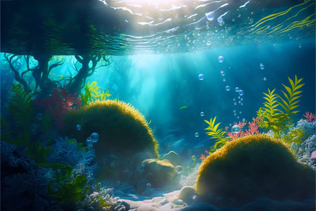 Bright illustration of underwater flora with sunbeams and air bubbles.Underwater ocean landscape with light glare.AI generated.の素材