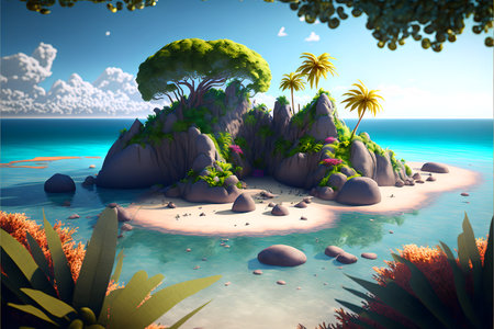 Uninhabited stone colorful island with trees and palm trees on the background of sand and water.AI generated.の素材