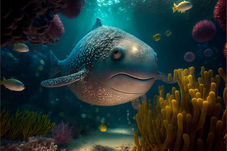 Big spotted fish on the background of blue ocean coral algae and sea urchins.Underwater world flora and fauna cartoon bright background.AI generated.の素材