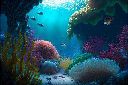 Colorful multicolored underwater landscape with coral fish and stones with sun rays on the background. Oceanic background with tropical flora and fauna.AI generated.の素材