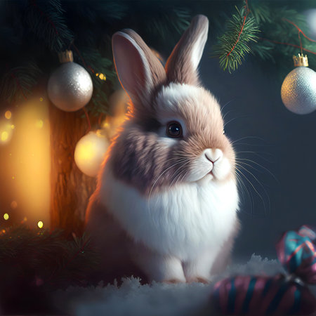 A beautiful cute rabbit sitting in the snow under a Christmas tree with New Year's toys.New Year's illustration of a rabbit under a tree nearby with Christmas tree branches and snow.Ai generatedの素材