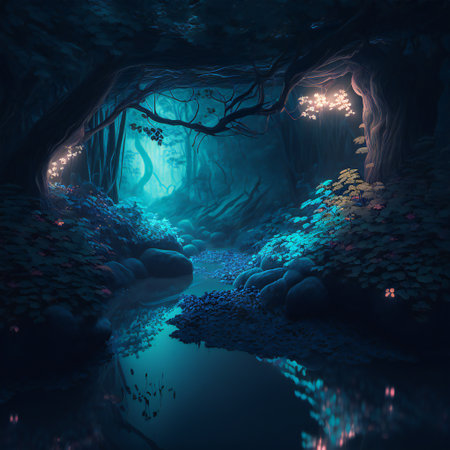 Dark fantasy forest. Dark fantasy landscape with a river and magical trees. AI createdの素材