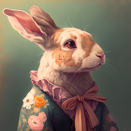 A cute rabbit with pink ears in a smart robe with flowers. A bunny in a Chinese robe decorated with flowers.Ai generatedの素材