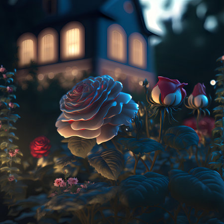 Illustration of a garden close-up on the background of the house at night.Dark illustration of red and pink roses and other flowers on a blurred background of the house.Ai generated.の素材