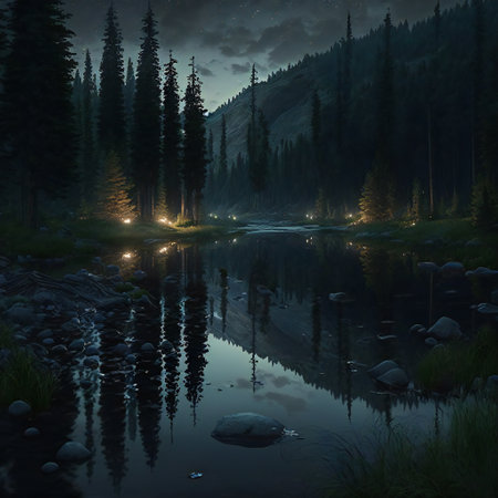 Landscape of a calm river with stones and fireflies against the backdrop of forests and mountains in the night light.Ai generatedの素材
