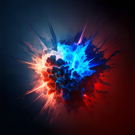 Abstract bright illustration of a red-blue explosion with smoke and light.Bright colored cloud of smoke sparks and rays of light.AI generatedの素材