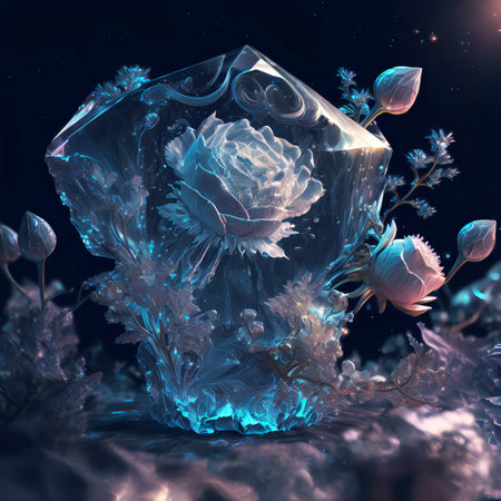 Fantasy white rose and small buds frozen in a piece of ice.Dark illustration of beautiful white flowers surrounded by ice and snow.Ai generatedの素材