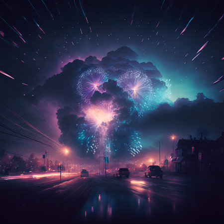 New Year's fireworks 2023 against the background of the city of the road and moving cars.Dark illustration with neon effects.AI generatedの素材