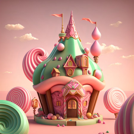 A house made of marshmallows and caramel with candy in the background.Candyland.AI generatedの素材