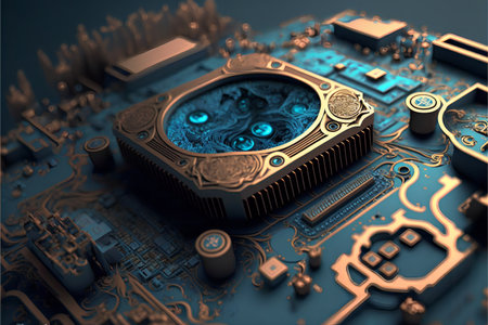 Processor with beautiful patterned gold metal. Quantum CPU concept Computer hardware. AI generatedの素材