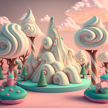 Sweet land 3d cartoon background.Mountains and trees from marshmallow.Candyland. AI generatedの素材