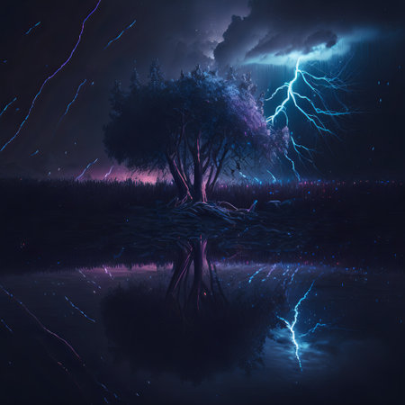 Lightning in the night sky against the background of a pond and an old tree.Dark illustration of a thunderstorm against a single tree.AI generatedの素材
