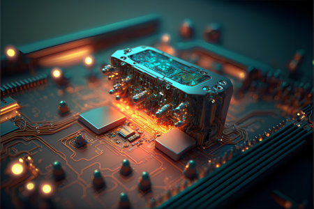 Abstract microchip with orange neon glow. AI generatedの素材