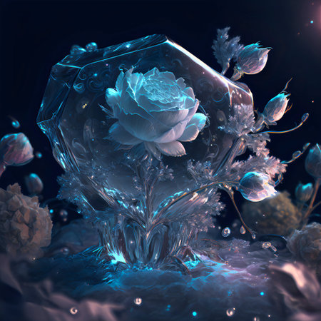 Fantasy white rose and small buds frozen in a piece of ice.Dark illustration of beautiful white flowers surrounded by ice and snow.Ai generatedの素材