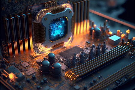 Abstract glowing microchip with processor.Computer hardware.AI generatedの素材