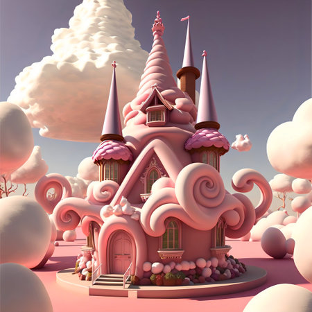 House of marshmallows and sweets in a meadow of mastic and large lush clouds. Colorful illustration. AI generatedの素材