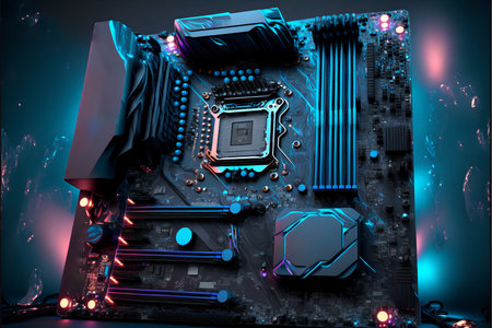 Computer motherboard with processor socket. Computer hardware. AI generatedの素材