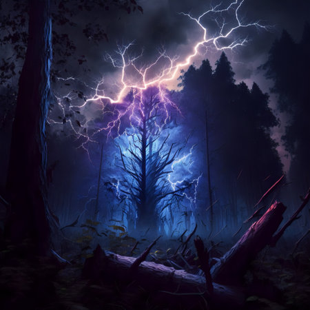 Night spooky forest with lightning.Fantasy illustration of a dark magical forest.AI generatedの素材