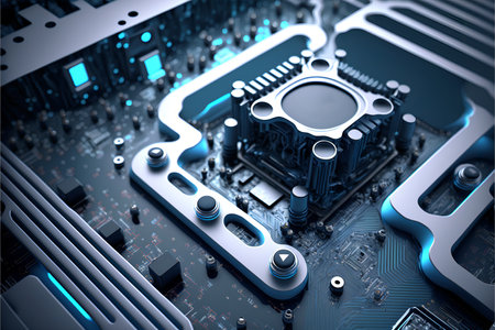 Motherboard and cpu with beautiful brushed metal close-up.Microcircuit and computer hardware.AI generatedの素材