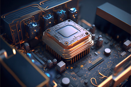 Abstract glowing microchip with processor.Computer hardware.AI generatedの素材
