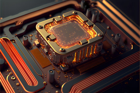 Circuit board and cpu close up with orange glow. Quantum computer concept. AI generatedの素材