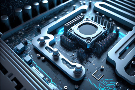 Motherboard with white brushed metal and processor. Computer hardware. AI generatedの素材