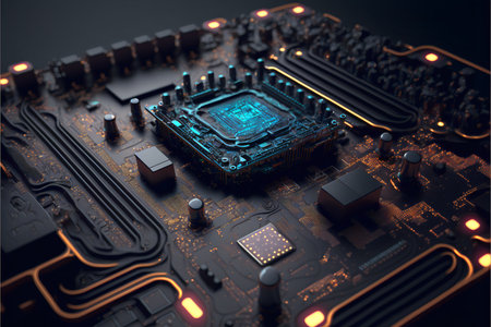 Computer motherboard with processor socket. Computer hardware. AI generatedの素材