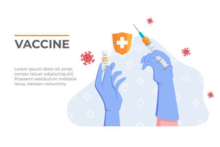 COVID-19 vaccine vector. Doctor's hands with medical gloves holding orange vaccine bottle and syringe.のイラスト素材