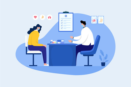 Doctors explain health conditions to female patients at medical check up. Flat cartoon vector illustration isolated on white backgroundのイラスト素材