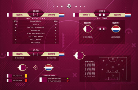 2022 Football Championship design elements. Soccer scoreboard, statistics, schedule, line up and substitution template on red background vector illustrationのイラスト素材