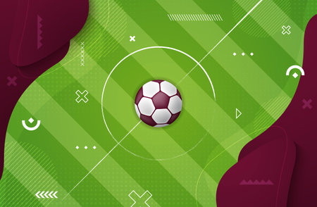 Soccer ball on green football field for 2022 championship background vector illustrationのイラスト素材