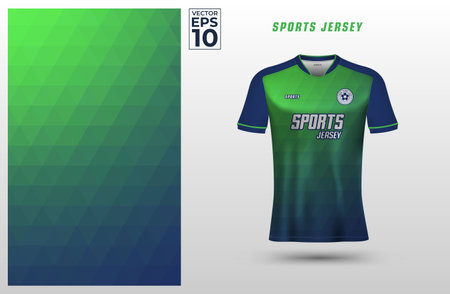 Navy green t-shirt sport design template with geometric triangles pattern for soccer jersey. Sport uniform in front view. Shirt mock up for sport club. Vector Illustrationのイラスト素材