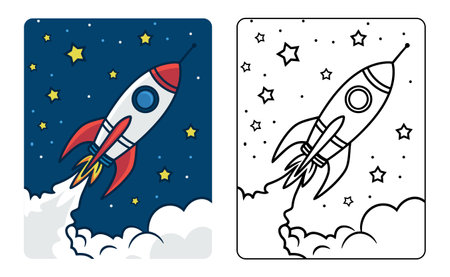 Rocket cartoon line art for kids coloring page book vector illustrationのイラスト素材