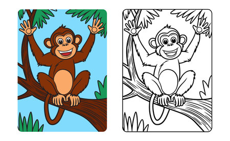 Cheerful monkey ape cartoon character on tree line art for kids coloring page book vector illustrationのイラスト素材