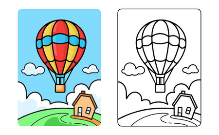 Hot air balloon cartoon flying in the air line art for kids coloring page book vector illustrationのイラスト素材