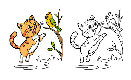 Cute cat playing with bird cartoon character line art coloring pages book for kids vector illustrationのイラスト素材