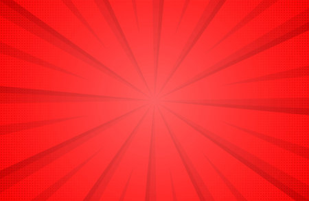 Red sun rays sunburst background with radial halftone pattern vector illustrationのイラスト素材