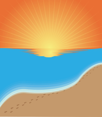 Beach with footsteps in San and Sunsetのイラスト素材