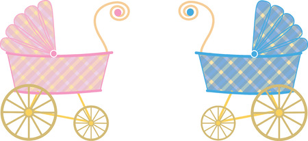 Plaid girl and boy baby strollersのイラスト素材
