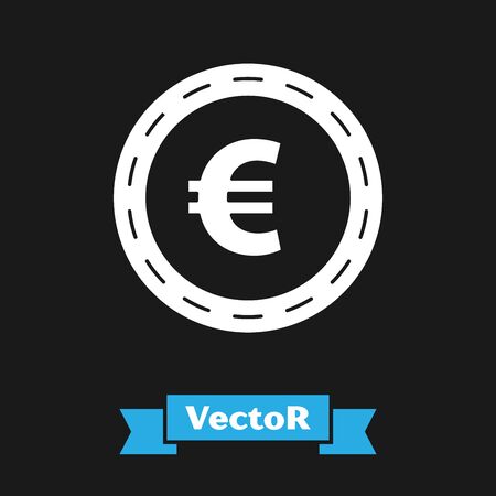 White Coin money with euro symbol icon isolated on black background. Banking currency sign. Cash symbol. Vector Illustrationのイラスト素材