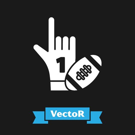 White Number 1 one fan hand glove with finger raised and american football ball icon isolated on black background. Set of sport equipment. Vector Illustrationのイラスト素材