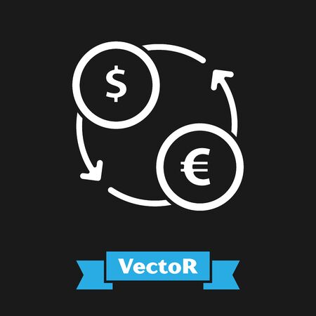White Money exchange icon isolated on black background. Euro and Dollar cash transfer symbol. Banking currency sign. Vector Illustrationのイラスト素材